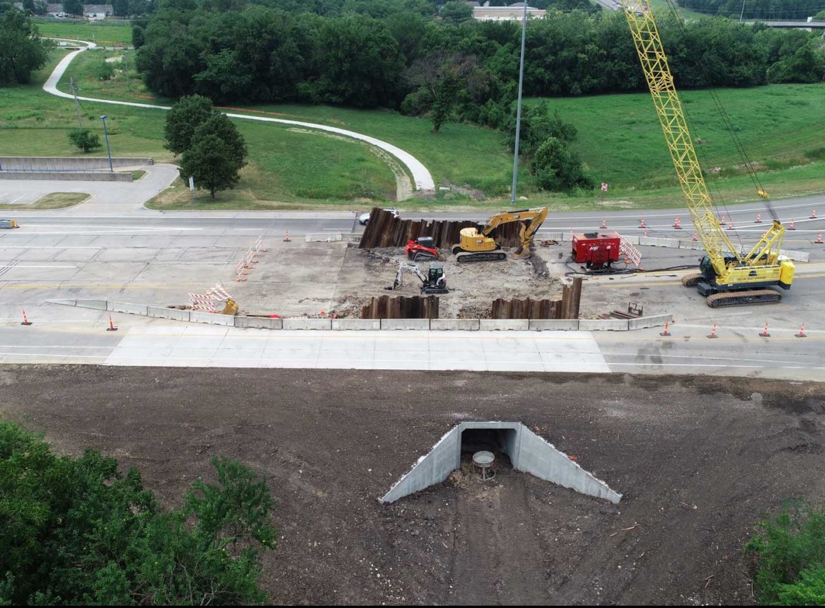 Looking west at the tunnel construction under the turnpick