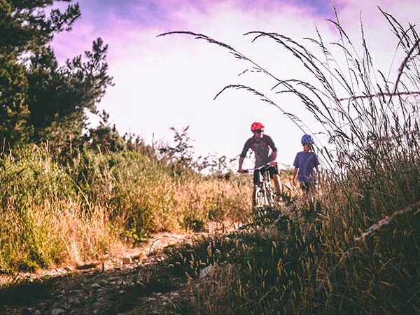 A man and child riding bicycles on a trail
