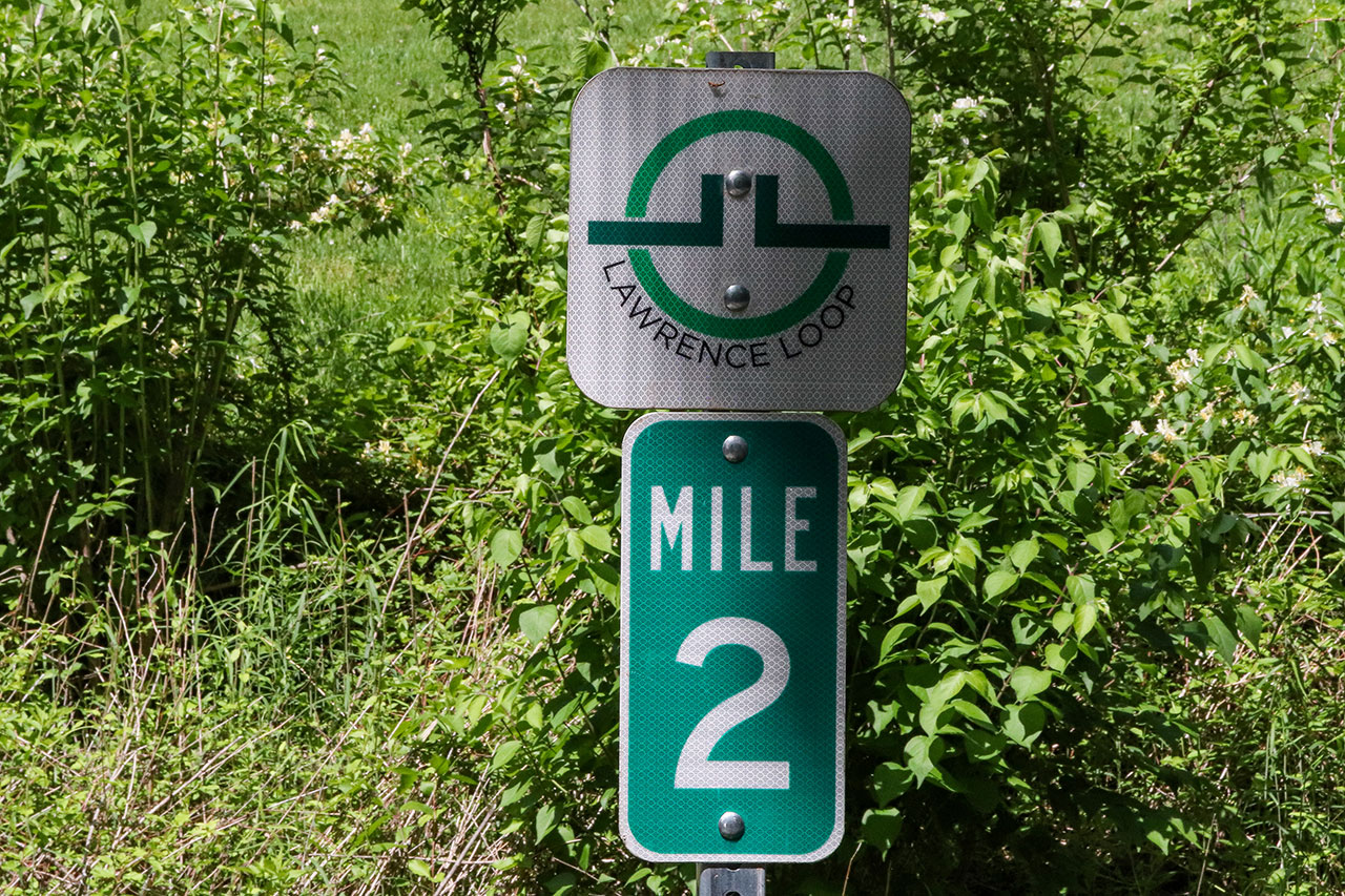 The Lawrence Loop Mile Marker 2, located on the trail south of 19th Street