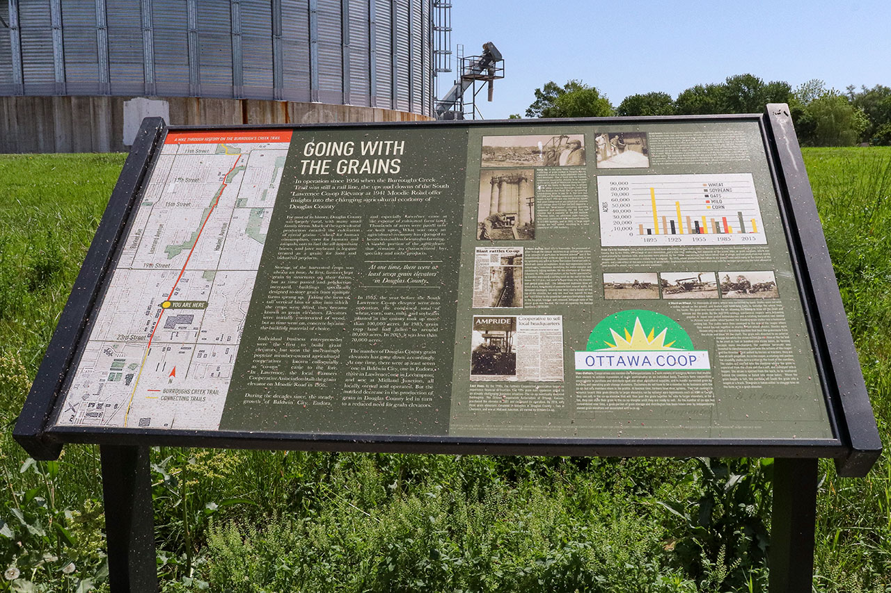 A historical marker near the grain elevator located along the trail south of 19th Street