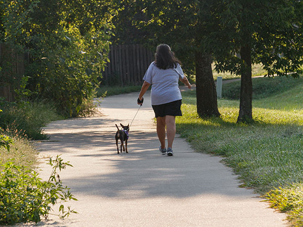 A woman walking her dog on the Loop