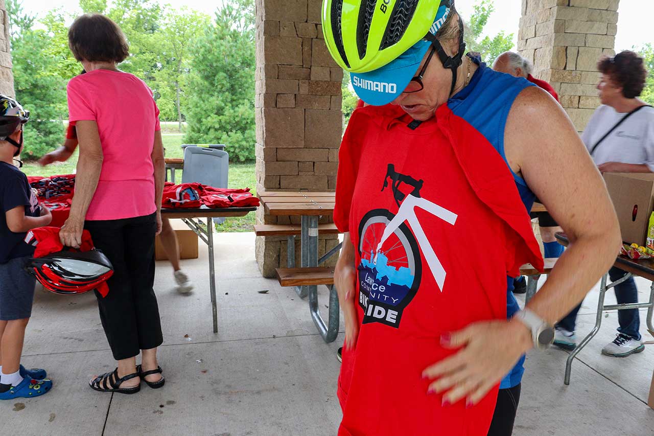 A bike rider with her new t-shirt