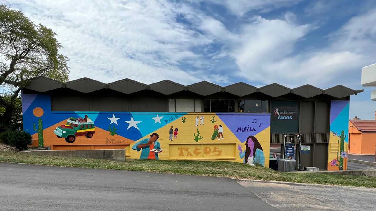 Javy Ortiz's mural on La Estrella Mexicana restaurant